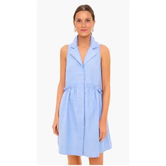 Tuckernuck Women's Oxford Blue Sleeveless Royal Shirt Dress Ruffles Pockets XS